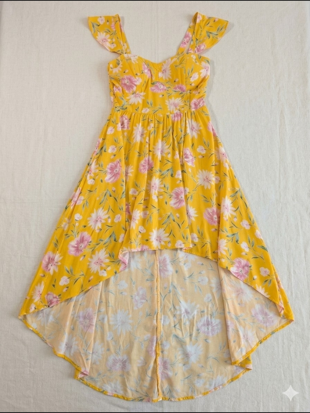 NWT As U Wish Yellow Floral High Low Dress Size L Smocked - Picture 2 of 12